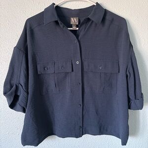 Worthington Navy Blue Button Down Blouse, Relaxed Fit and 3/4 Length Sleeves